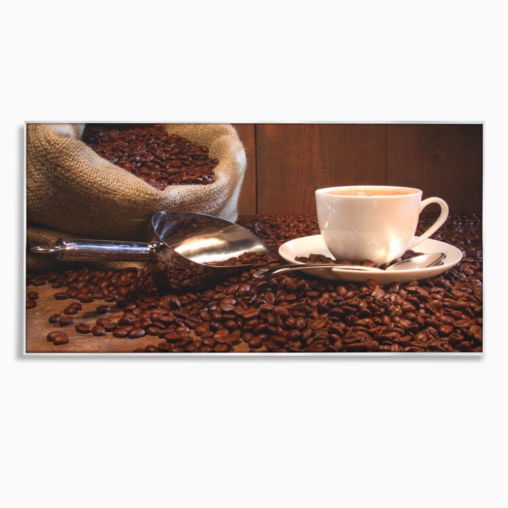 Tablou canvas cu tablou cu cana de cafea si sac de iuta, in rama de aluminiu argintiu
